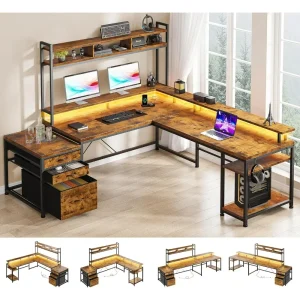 L Shaped Desk, Drawers & Storage Shelf Reversible Desk with Monitor Stand & Power Outlets